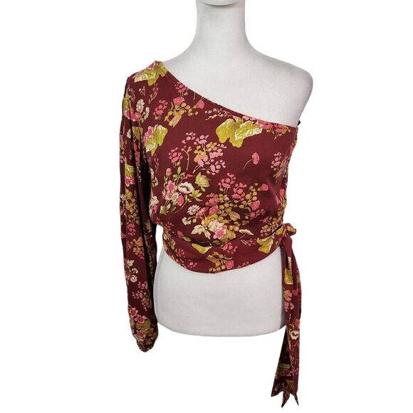 Rachel Roy Burgundy Floral Cropped One Shoulder Top NWT Size XS Floral Top - Picture 1 of 8